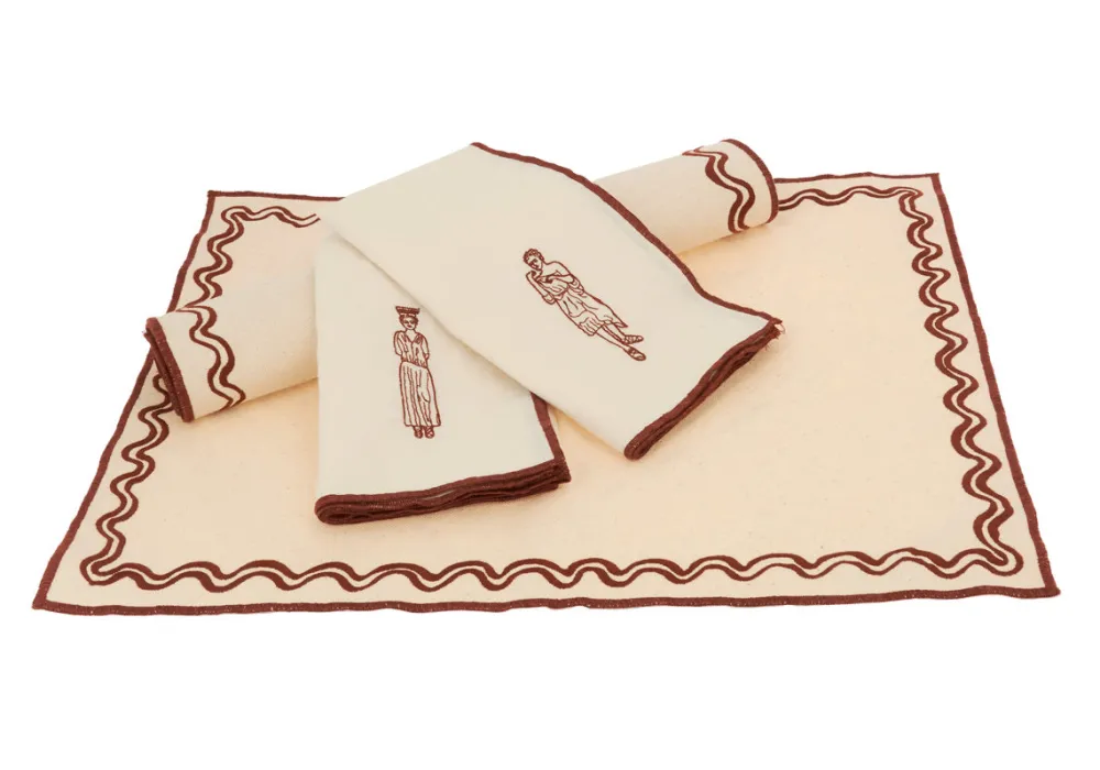 Online Set of 4 napkins ecru maroon Homeware